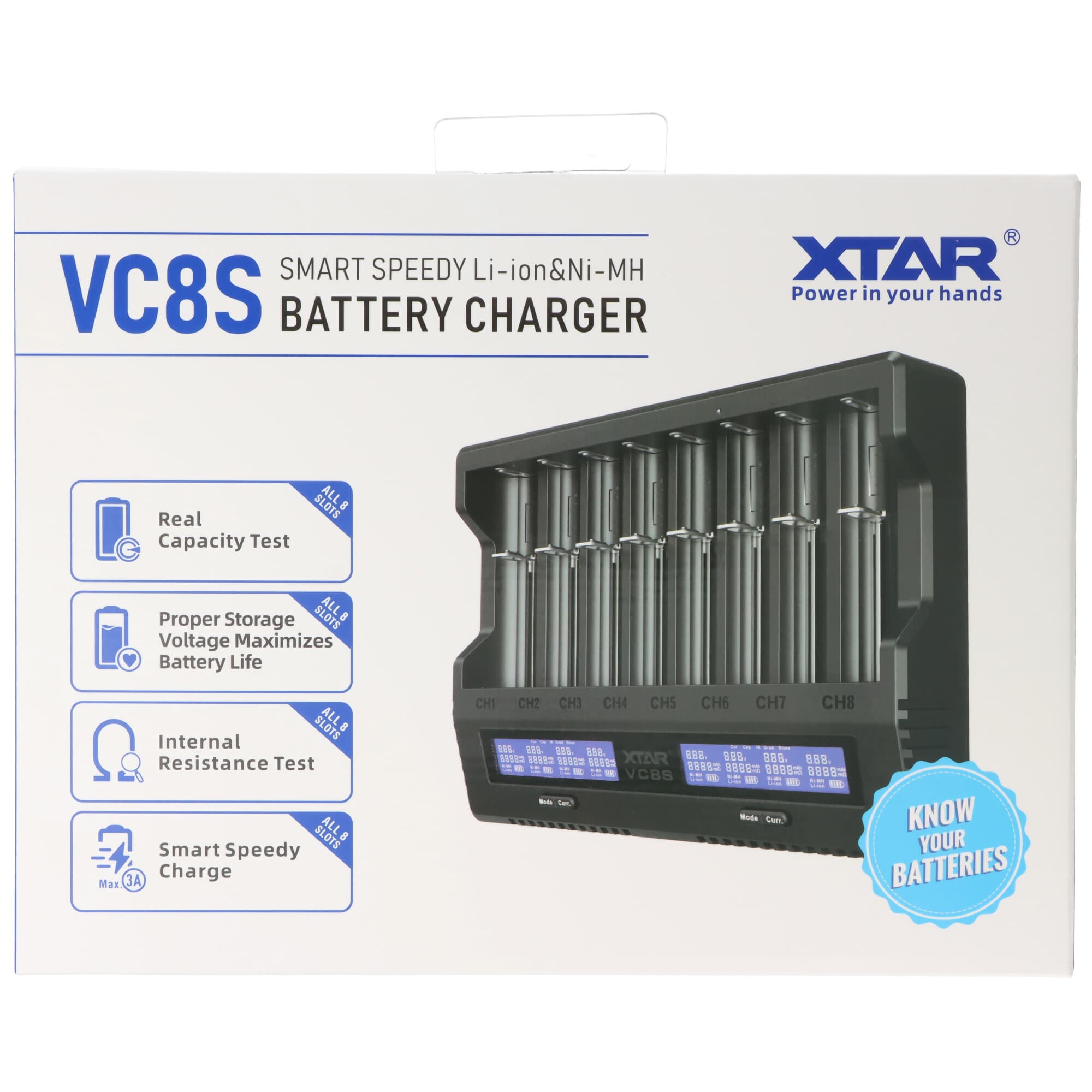 Chargeur rapide XTAR VC8S 8 fois pour 1 à 8 batteries Li-Ion 3,6 V et 3,7 V et batteries NiMH 1,2 V, port de charge USB-C, sortie totale max.