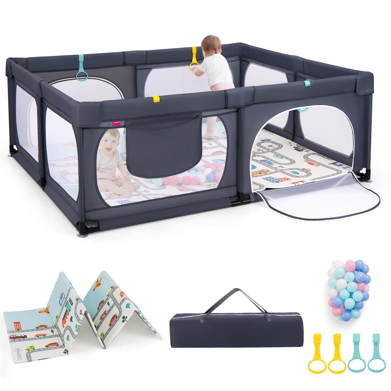 CostwayParc pour Bébé 189x158cm Tapis 4 Anneaux de Traction 50 Balles Océaniques Maille Respirante Poche pour 0-3 Ans Gris Foncé